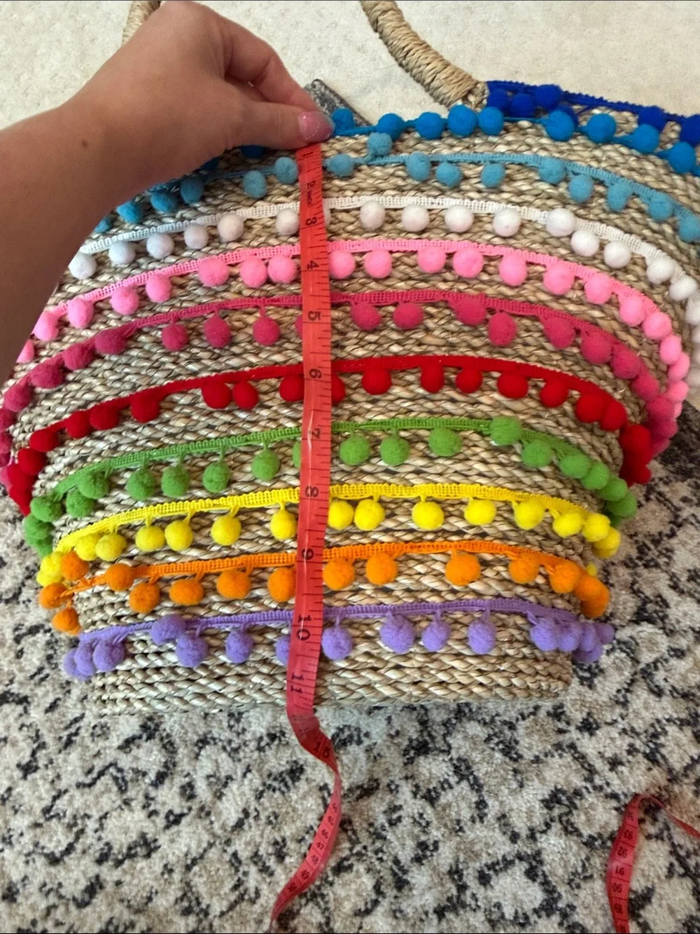 Mystique Straw Tote with Natural Weave and Rainbow Pom Pom Trim